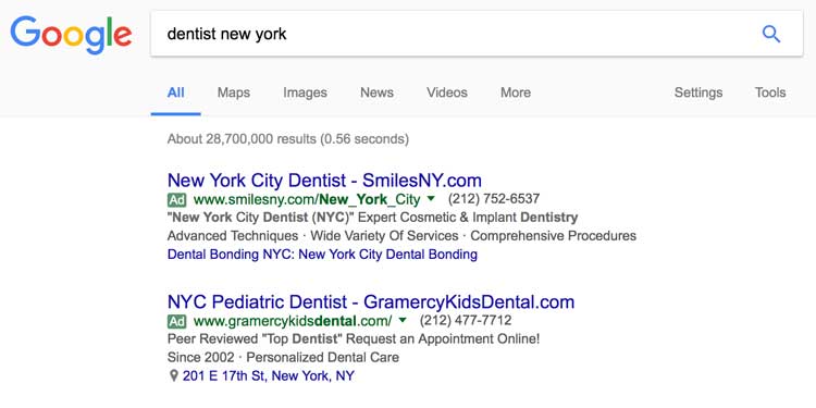 Google paid search ads for dentists